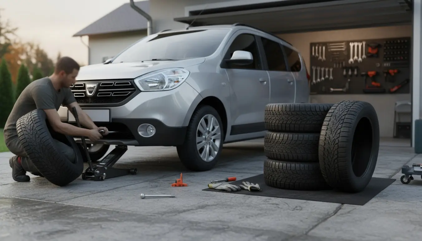 Dacia Lodgy på indkørsel hvor en person skifter dæk med en stak vinterdæk ved siden af.