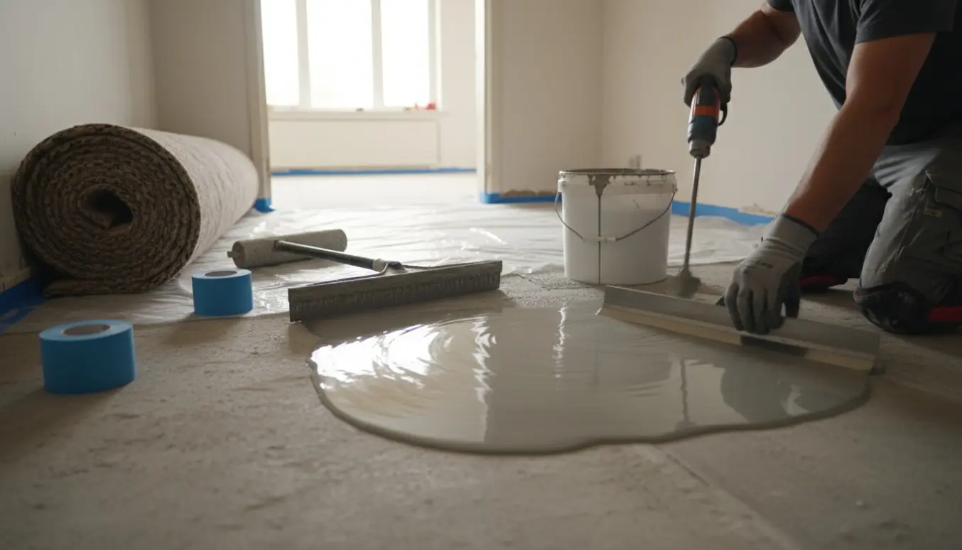 Nærbillede af håndværker, der hælder og glatter flydespartel ud på et betongulv efter fjernet gulvtæppe.