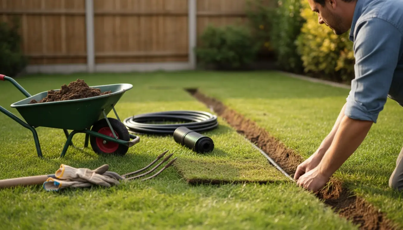 Nærbillede af en nyudgravet rende i en græsplæne med haveredskaber og kabelkanal klar til installation.