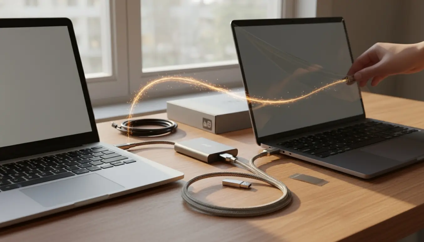 To bærbare computere forbundet med kabel og ekstern harddisk under dataoverførsel.