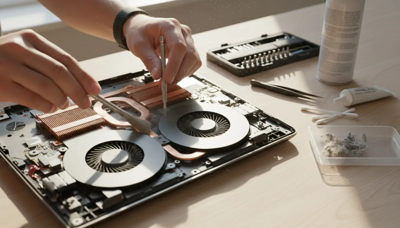 Nærbillede af hænder, der renser blæsere og køleprofil på en åben bærbar computer med præcisionsværktøj.