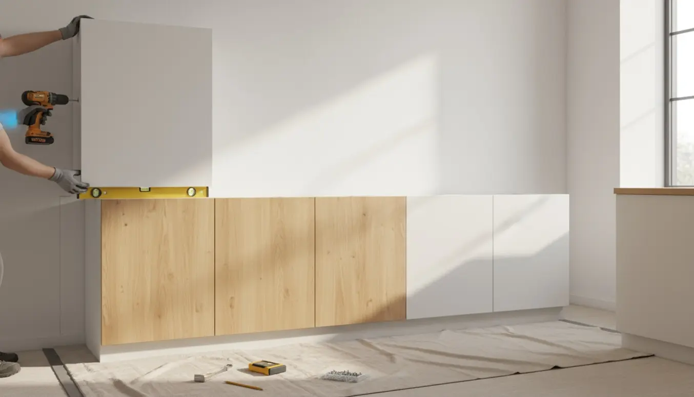 Hænder der monterer køkkenskabe med bor, vaterpas og beslag i et lyst, moderne rum.