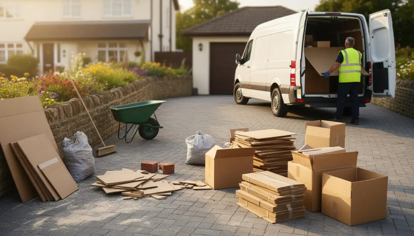 Forhave med byggeaffald og sammenfoldet pap klar til afhentning ved en åben varevogn.