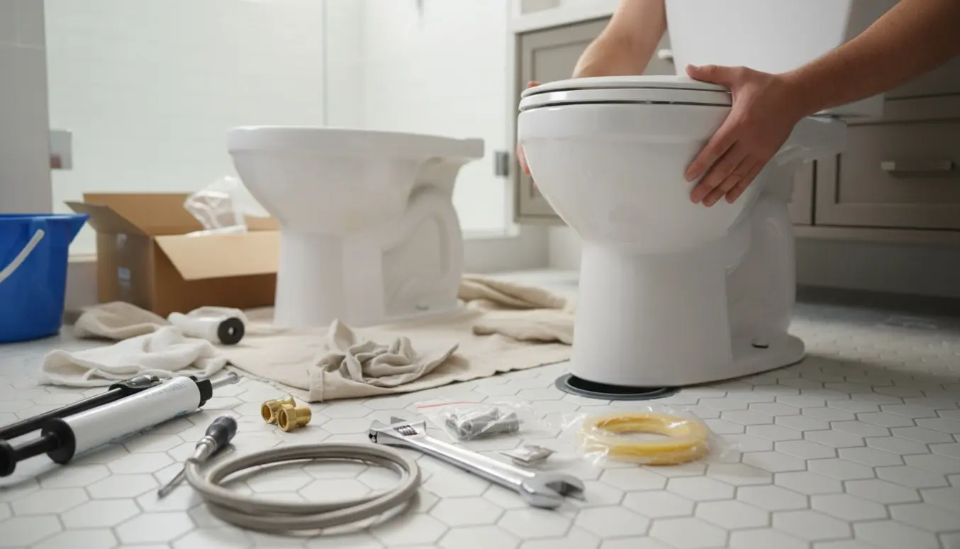 Nyt toilet monteres i et lyst flisebadeværelse med værktøj og det gamle toilet lagt til side.