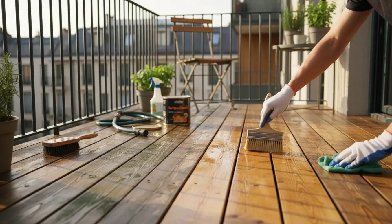 Lille træterrasse med før-og-efter rens og handskerklædte hænder, der påfører træolie.