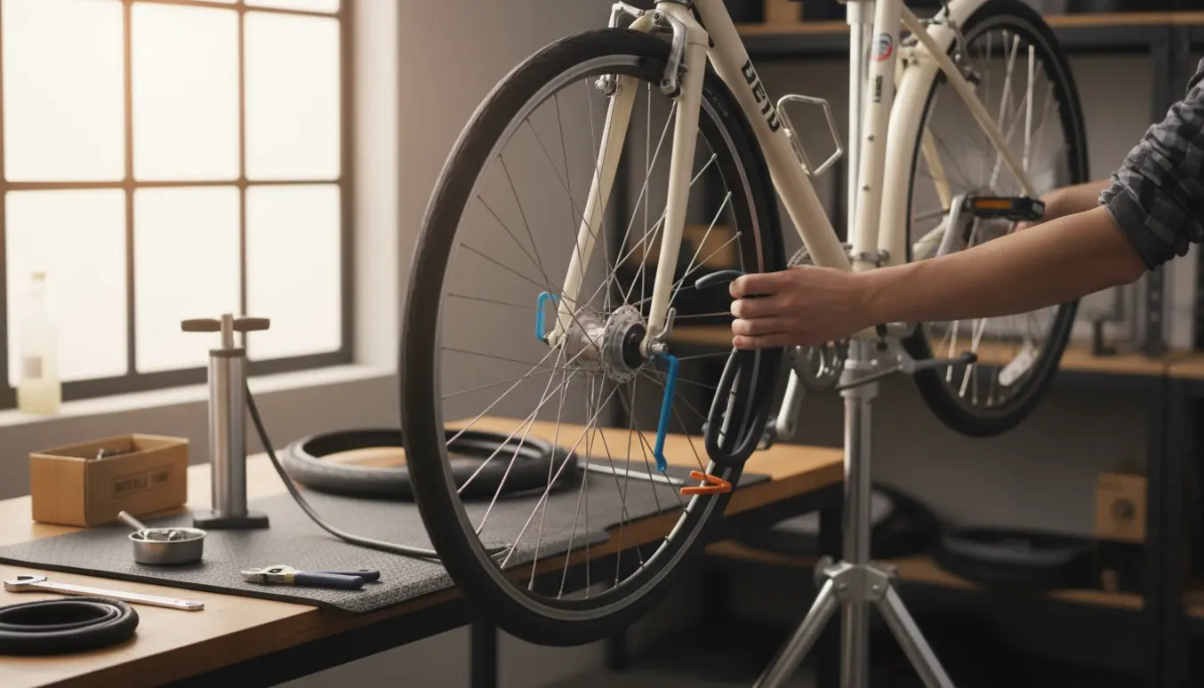 Hænder monterer nyt dæk og slange på en damecykel med indvendige gear, med værktøj og det fjernede baghjul ved siden af.