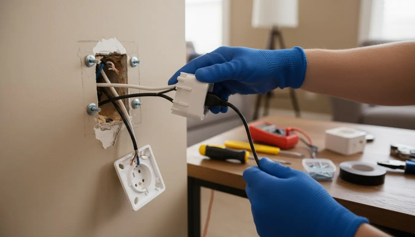 En stikkontakt trækker ud af væggen med synlige ledninger og værktøj ved siden af.