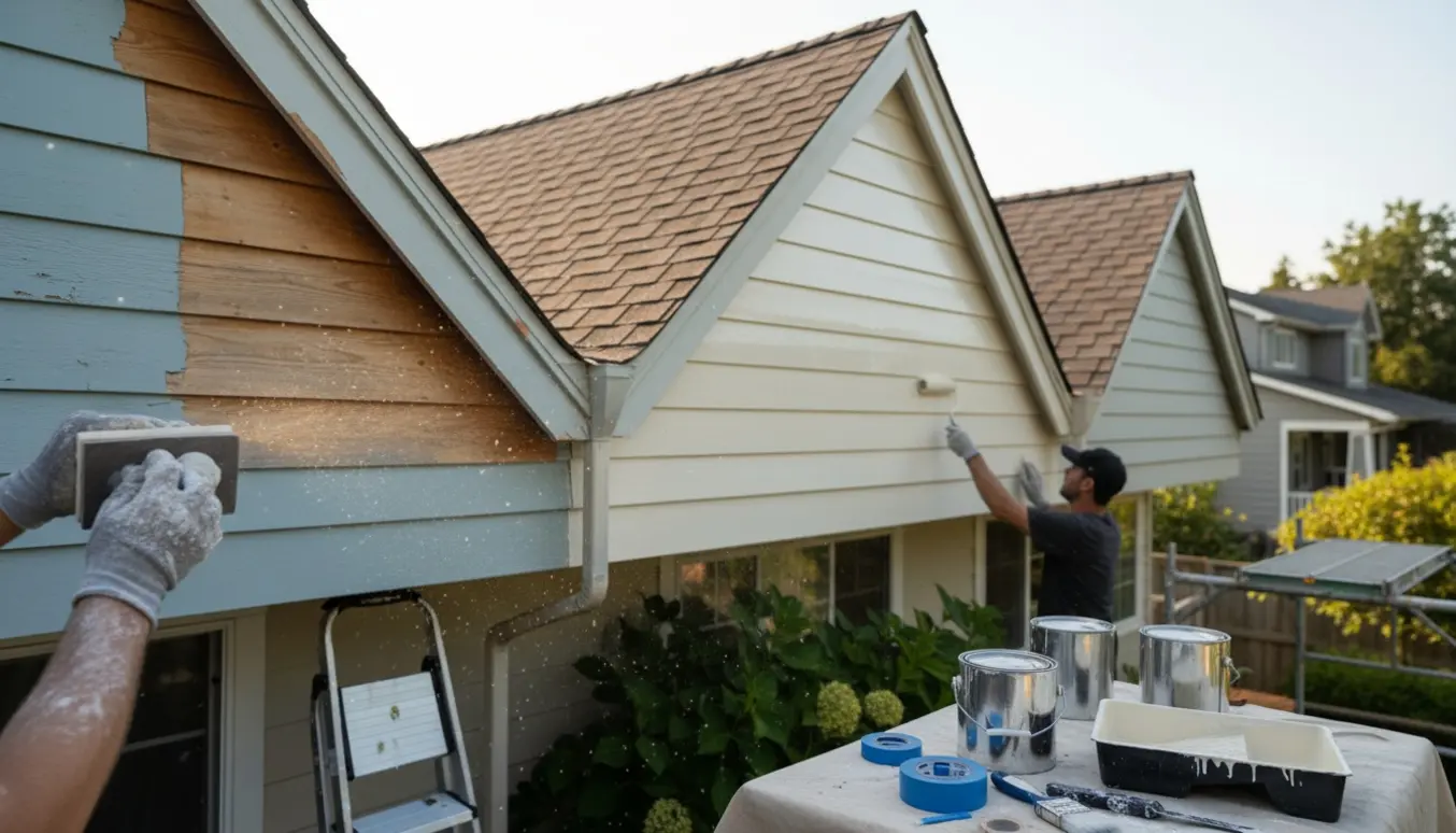 Nærbillede af hænder der sliber og maler tre husgavle udendørs med maling, rulle, stige og afdækning.