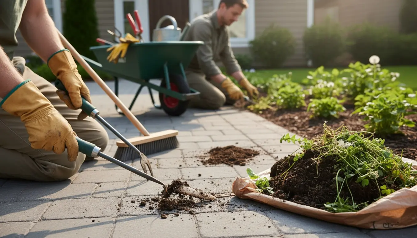 Nærbillede af handskerede hænder, der fjerner ukrudt mellem fliser og i et bed med haveværktøj i baggrunden.