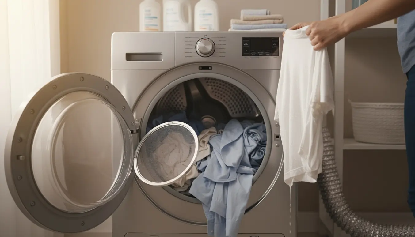 Åben tørretumbler med fugtigt tøj i tromlen, rene filterhænder og en bøjet aftræksslange i et vaskerum.