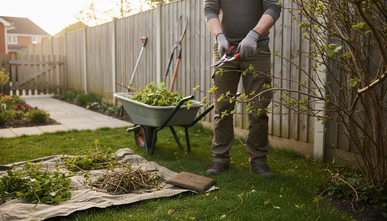 Hænder beskærer buske langs et træhegn i forhaven med beskæringssaks og en trillebør fyldt med afklip.