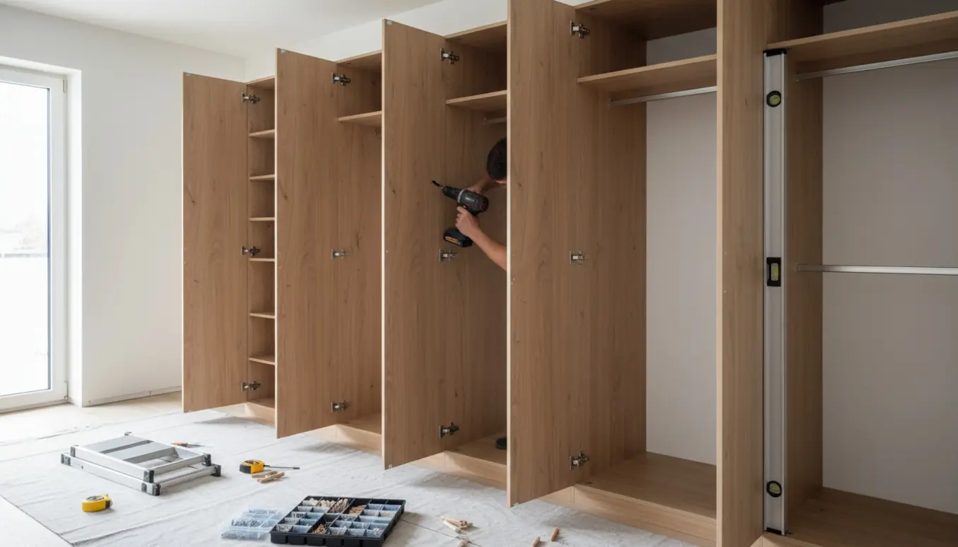 Fem høje garderobedøre under samling i et lyst værelse, hænder bruger boremaskine og værktøj ligger klar.