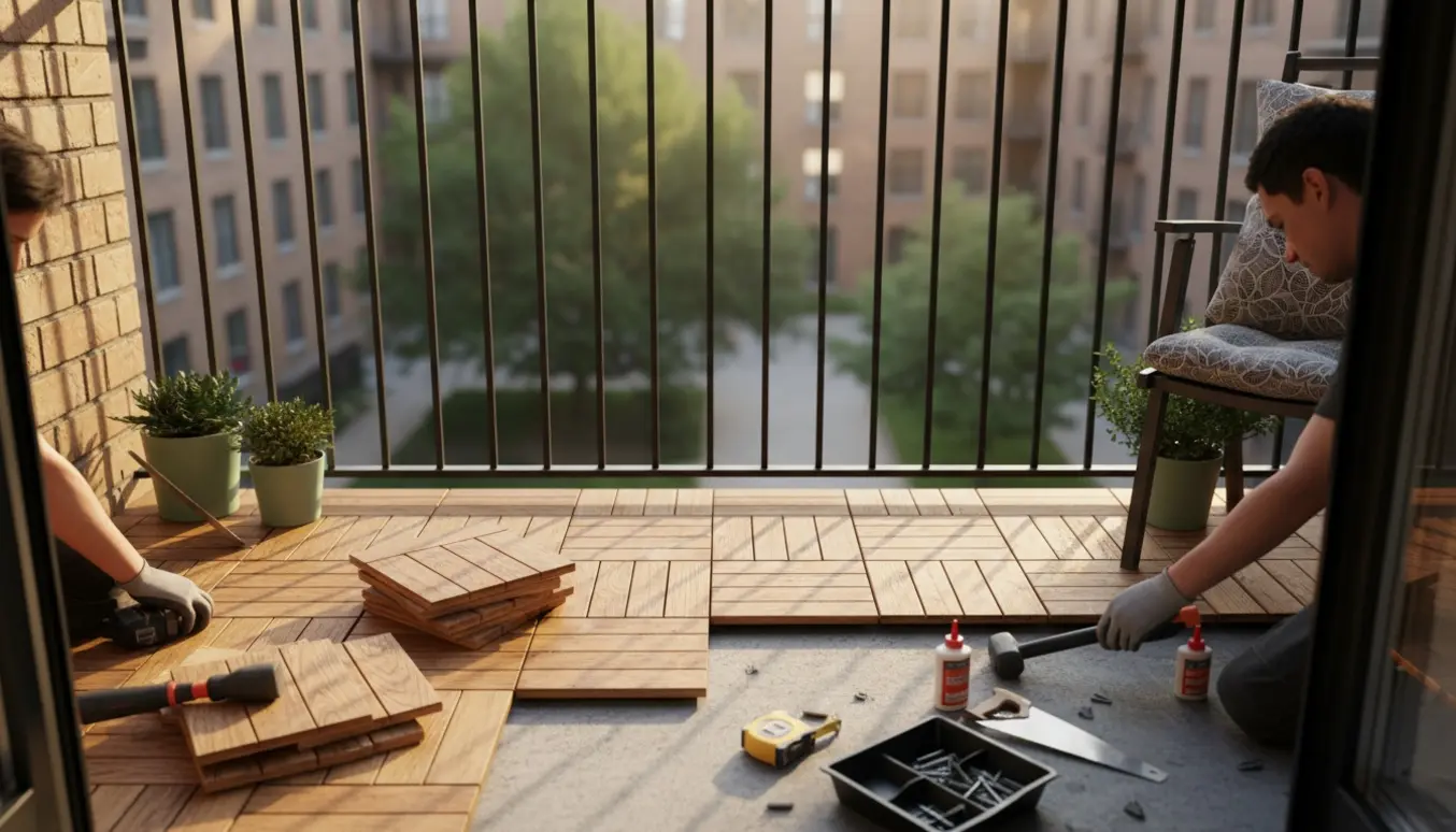 Delvist lagt trægulv på en lille altan med værktøj og materialer i naturligt lys.