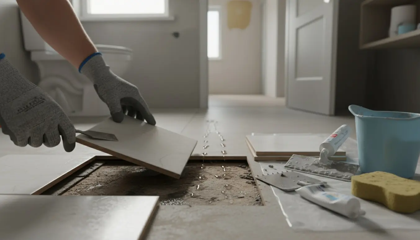 Hænder i handsker fjerner en løs flise i et badeværelse, hvor den våde bundplade og værktøj er synlige.