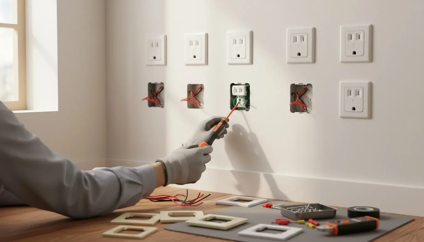 Hænder udskifter flere stikkontakter og rammer på en neutral væg med værktøj ved siden af.