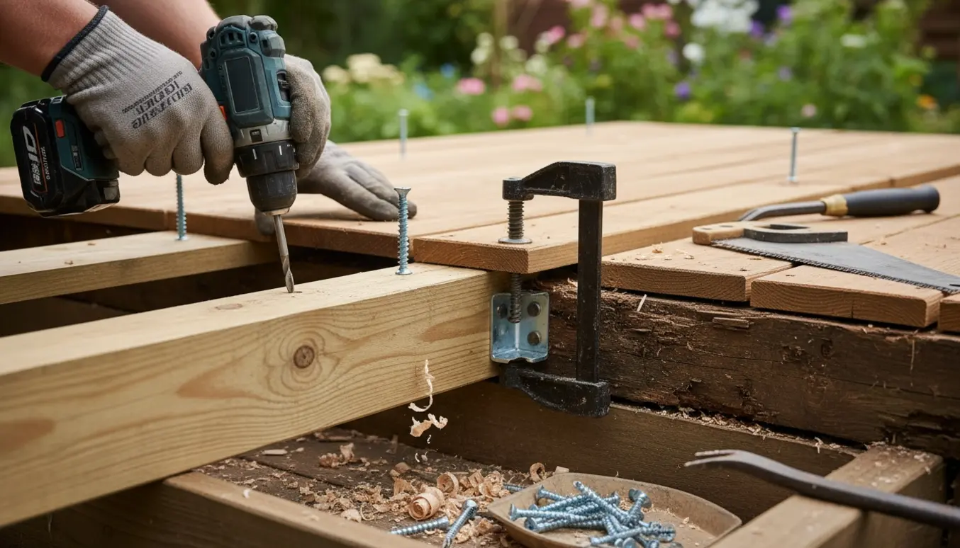 Udskiftning af en rådnet underliggende bjælke på en træterrasse, med nye brædder der skrues fast.