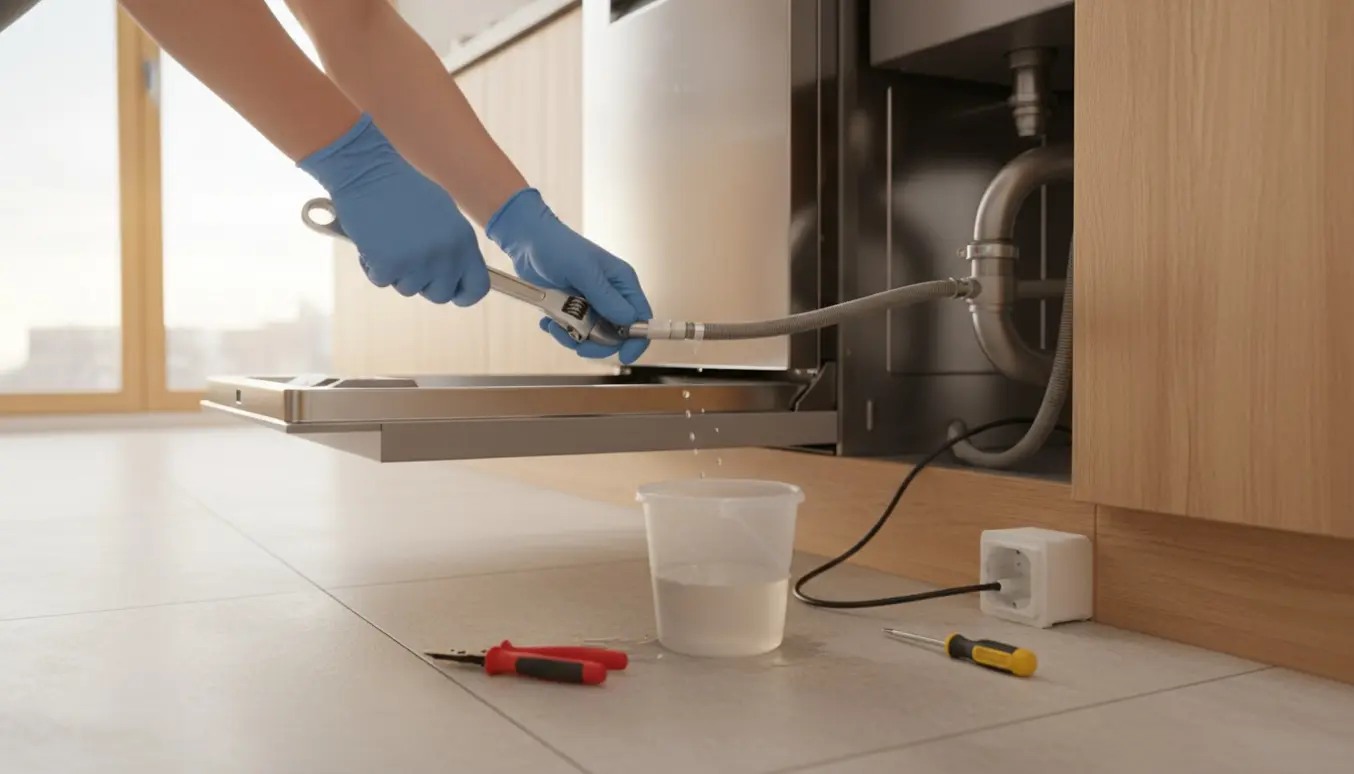 Nærbillede af opvaskemaskine i køkken, hvor hænder forbinder vandslange, afløb og el.