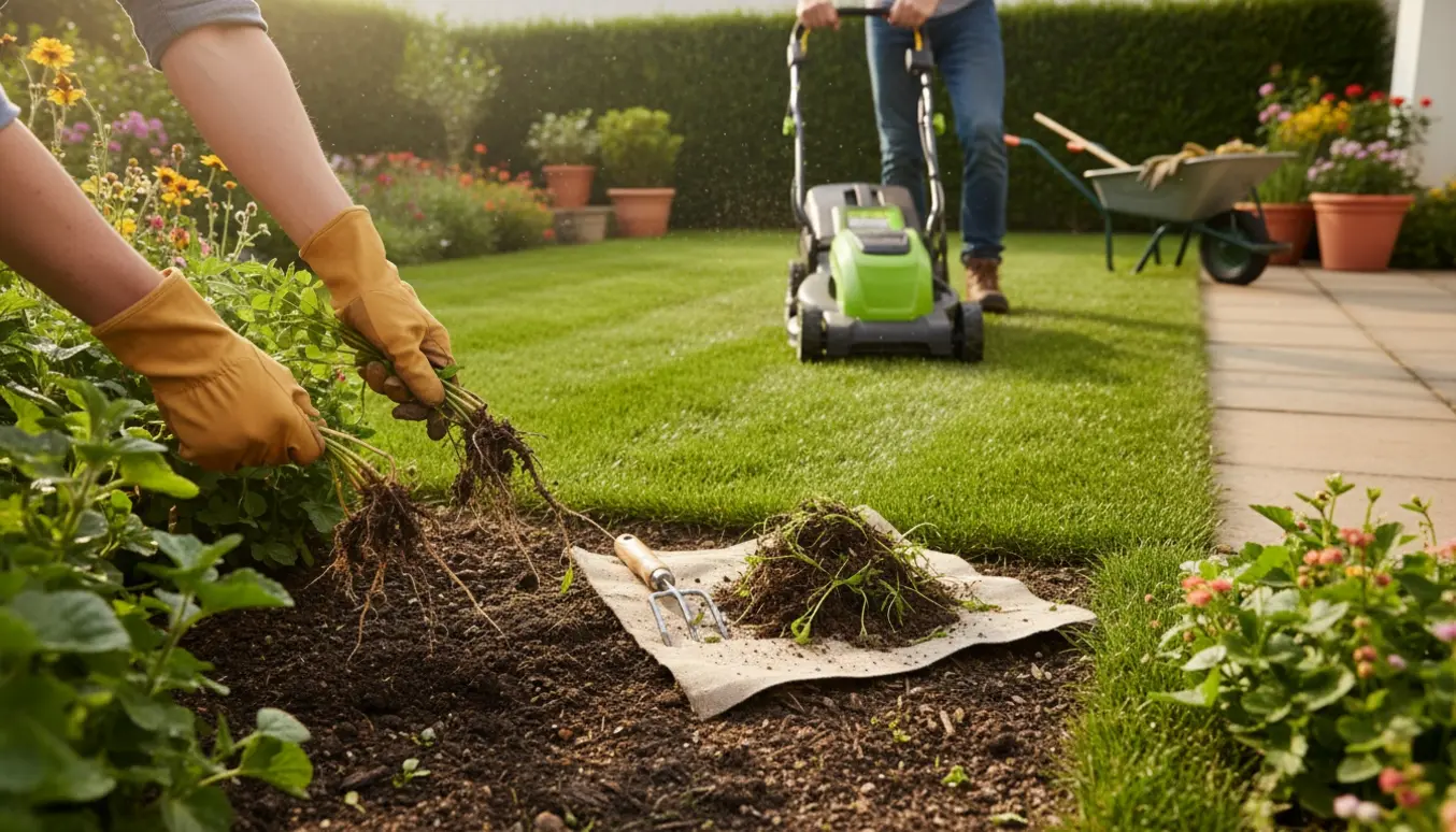 Nærbillede af lugning og græsslåning i en solbeskinnet have med handsker og plæneklipper.