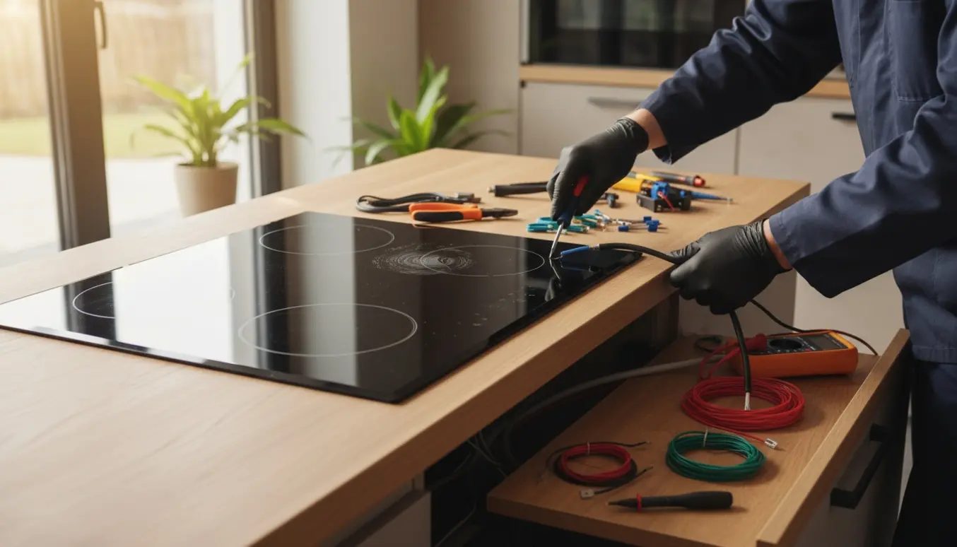 Nærbillede af hænder, der tilslutter en indbygnings-induktionskogeplade under en moderne køkkenbordplade med værktøj omkring.