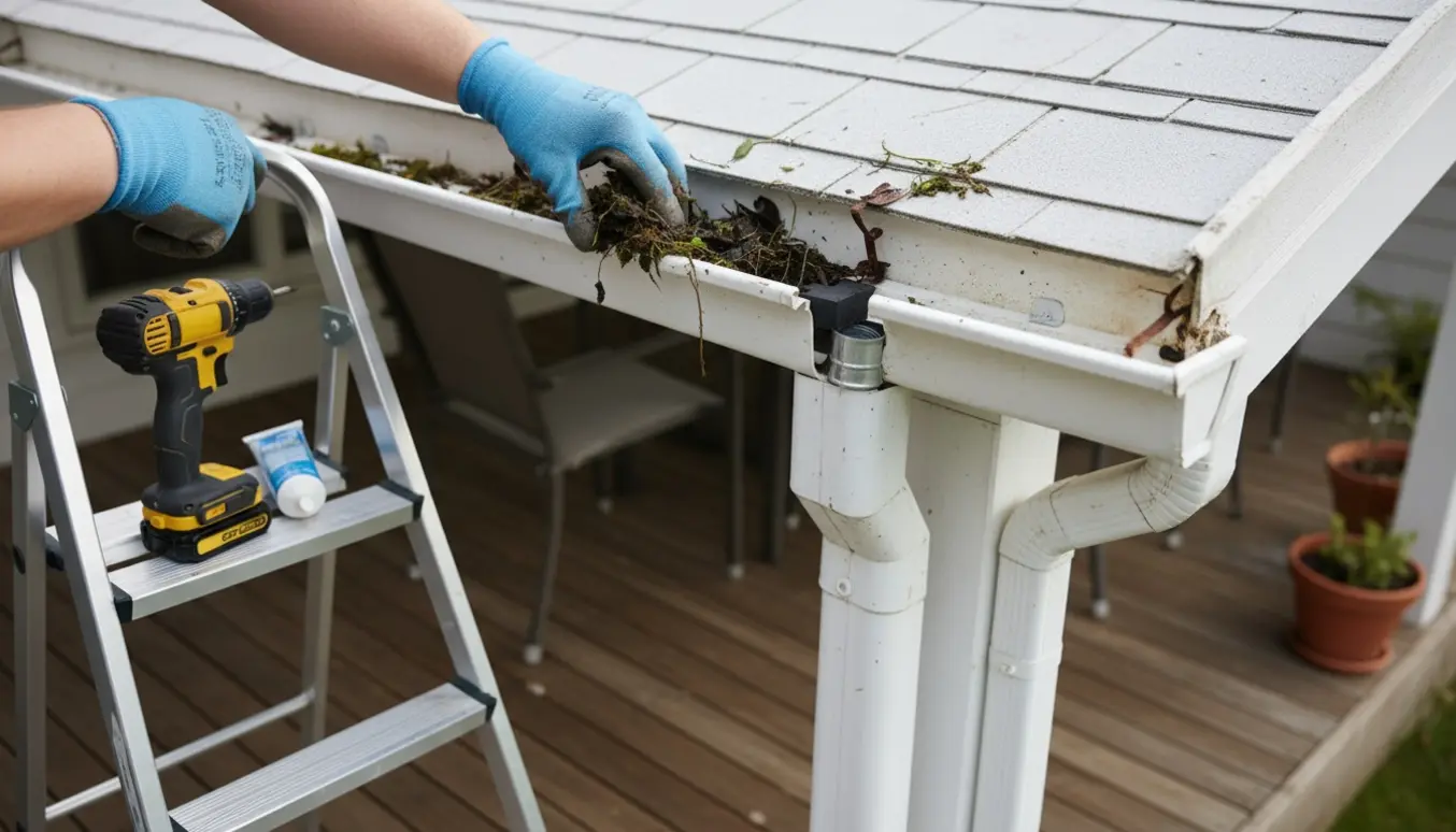 Nærbillede af hænder, der reparerer en løs tagrende og nedløbsrør på en overdækket terrasse med værktøj og reservedele.