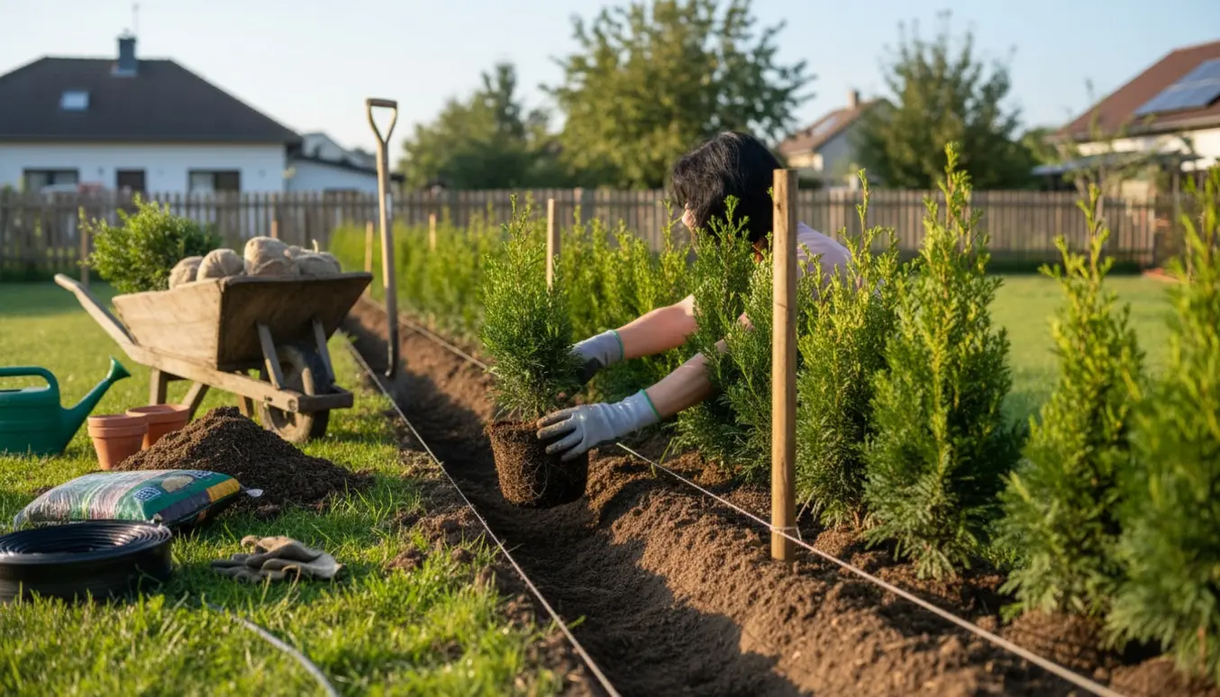 Nærbillede af handske-klædte hænder, der planter små hækplanter langs en lang havegrænse med skovl og trillebør i baggrunden.