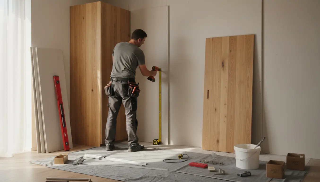 Hænder måler og monterer en gipsplade bag et klædeskab, med et dørpanel klar til montering.