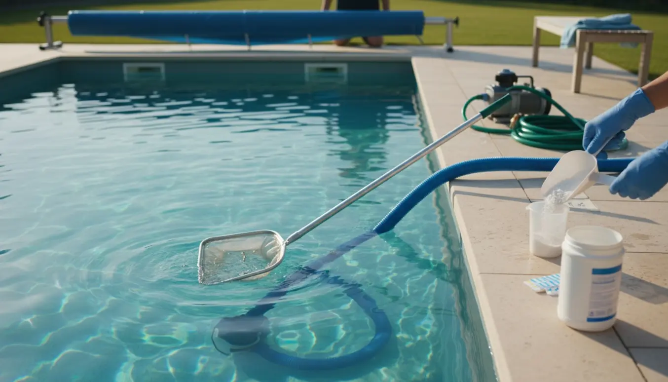 Hænder rengør en udendørs pool med skimmer, støvsugerslange og udstyr på pooldækket.