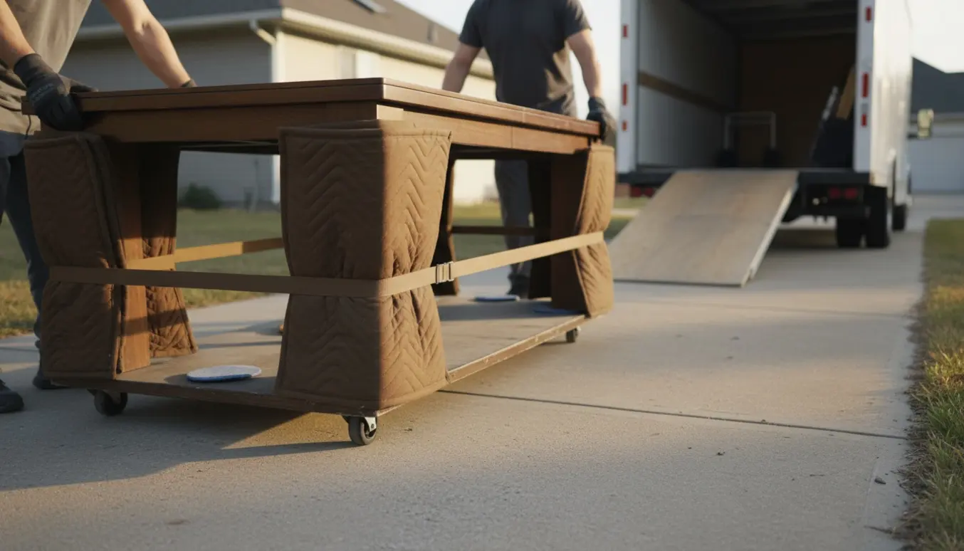 To personer flytter et meget tungt træbord på dolly mod en kassevogn cirka 25 meter væk.