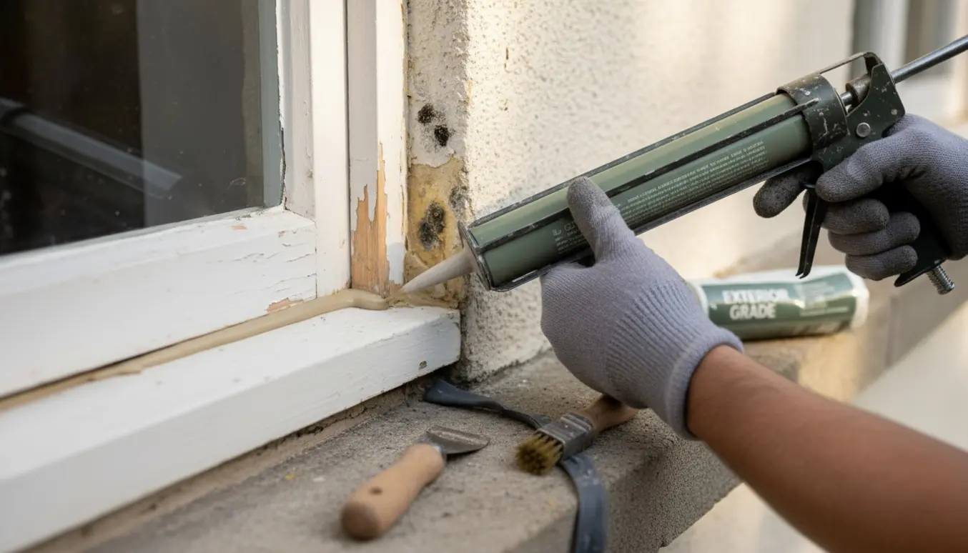 Hænder med fugepistol på et vindue udvendigt, hvor gammel fuge og skimmelspor fjernes.
