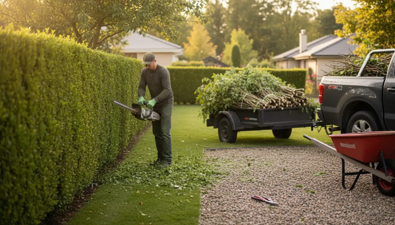Person klipper en hæk i haven, mens afklip er samlet i en trailer klar til bortkørsel.