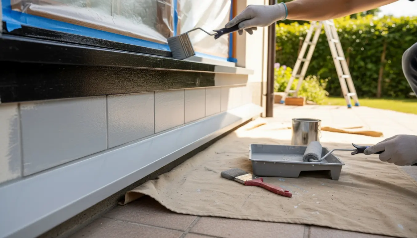 Glovede hænder maler udhængskant sort og underside samt klinker under vindue lysegrå med afdækning omkring vinduet.