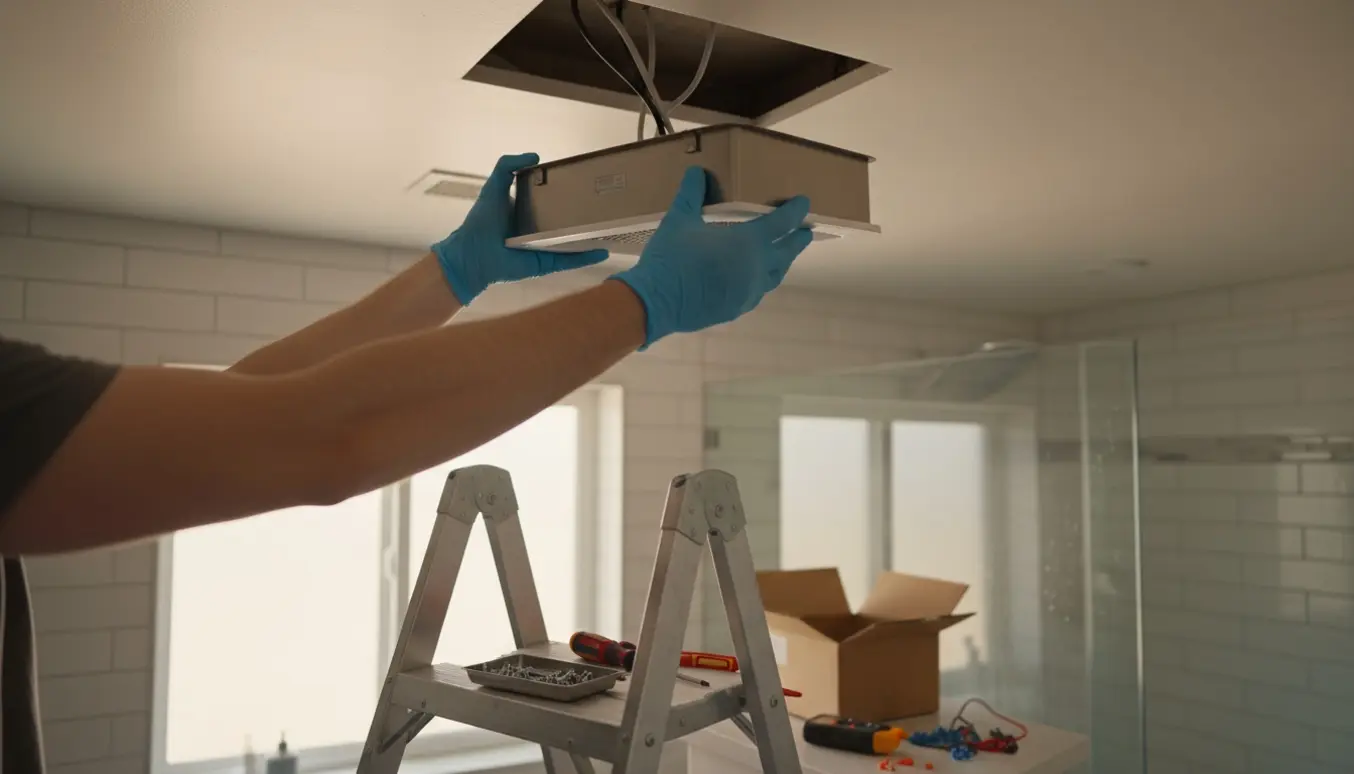 Hænder på en stige monterer en ny loftventilator i et moderne badeværelse med værktøj og åben emballage.