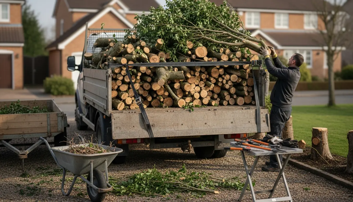 Lastning af store bøgehækstammer i en pickup på indkørsel, klar til transport.