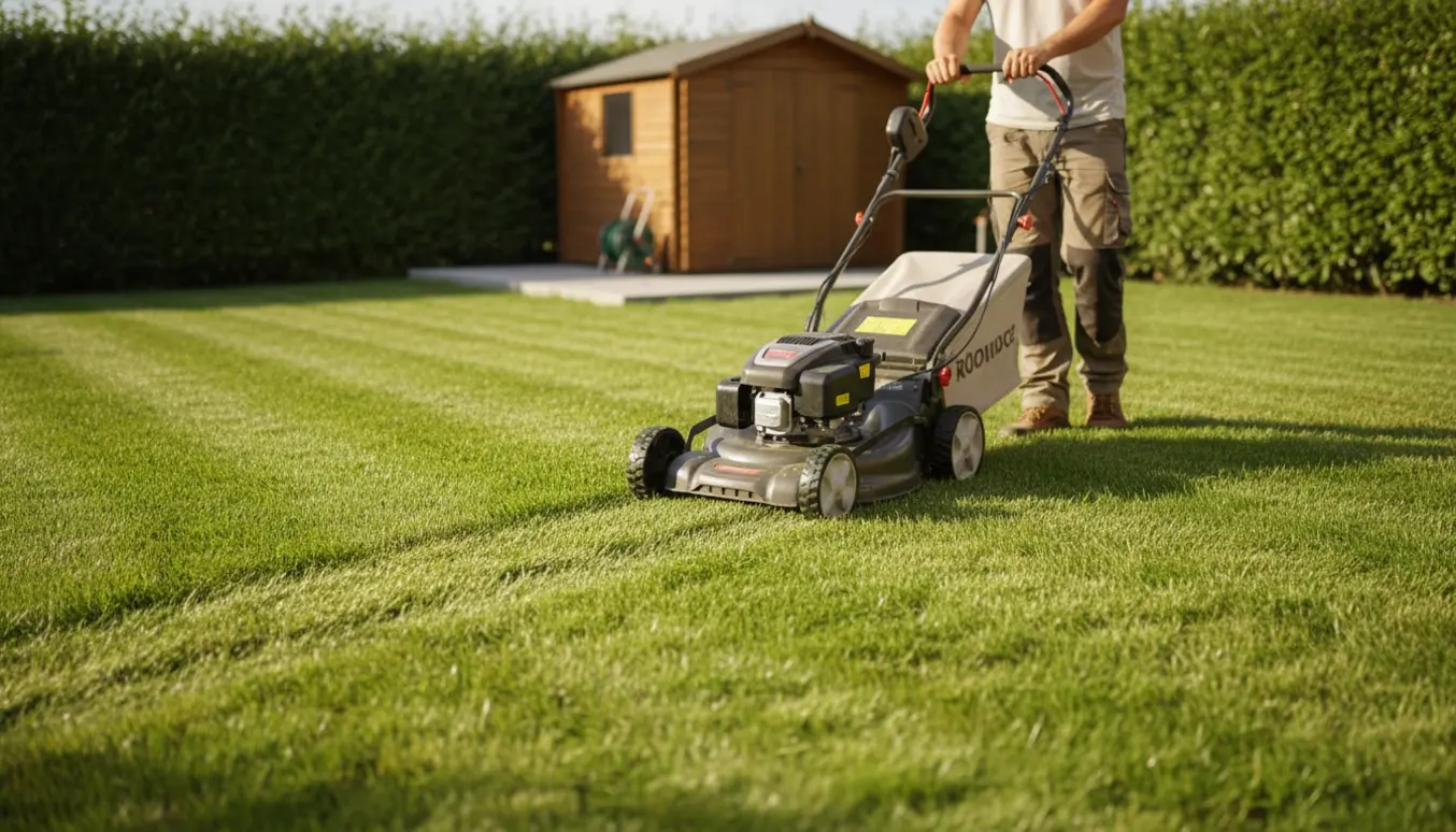 Set bagfra: en person slår en tør, nyslået forhave med en plæneklipper.