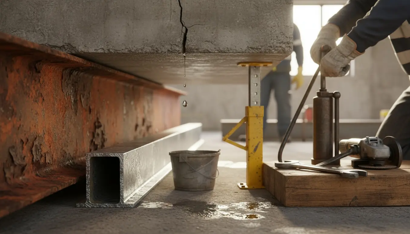 Udskiftning af en rusten jernbjælke under et betondæk med vand, værktøj og en ny stålbjælke klar.