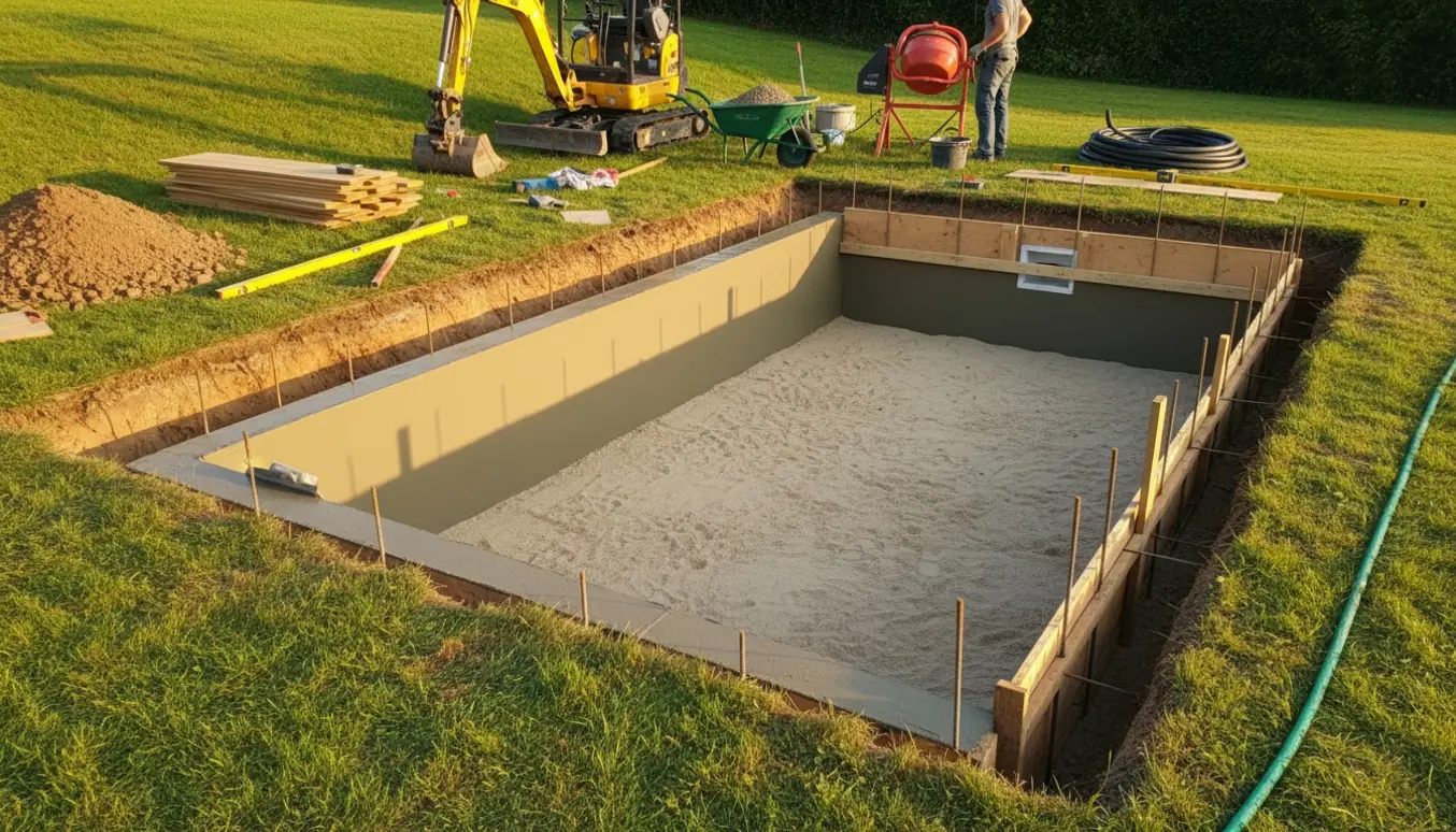 Gravning og støbning af en 7×3 m pool i en skrånende have med formværk og frisk beton.