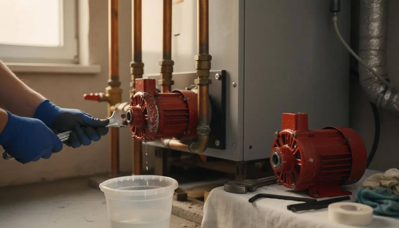 Udskiftning af en tilkalket cirkulationspumpe i varmerum med værktøj og en ny pumpe klar.