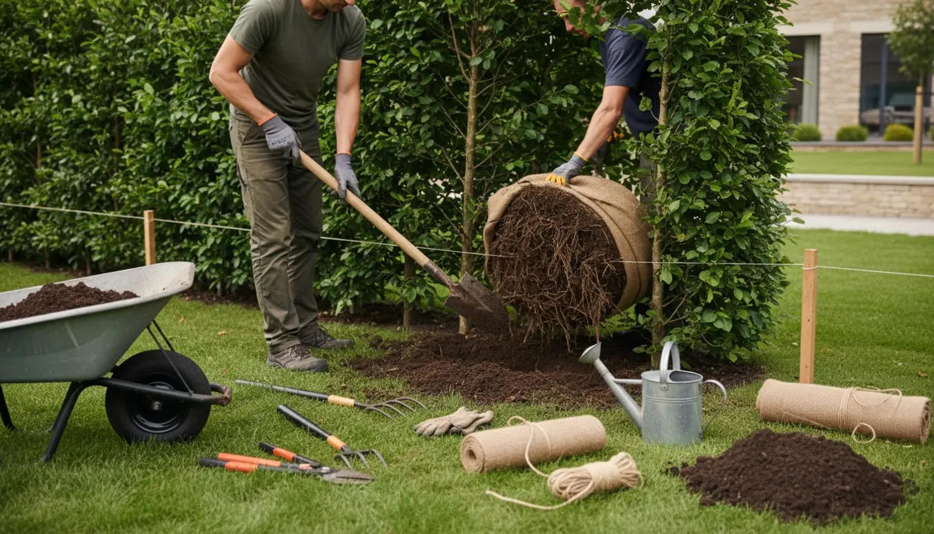Flytning af en ca. femten meter lang, skulderhøj bøgehæk med rødder indpakket i jute og haveværktøj i forgrunden.