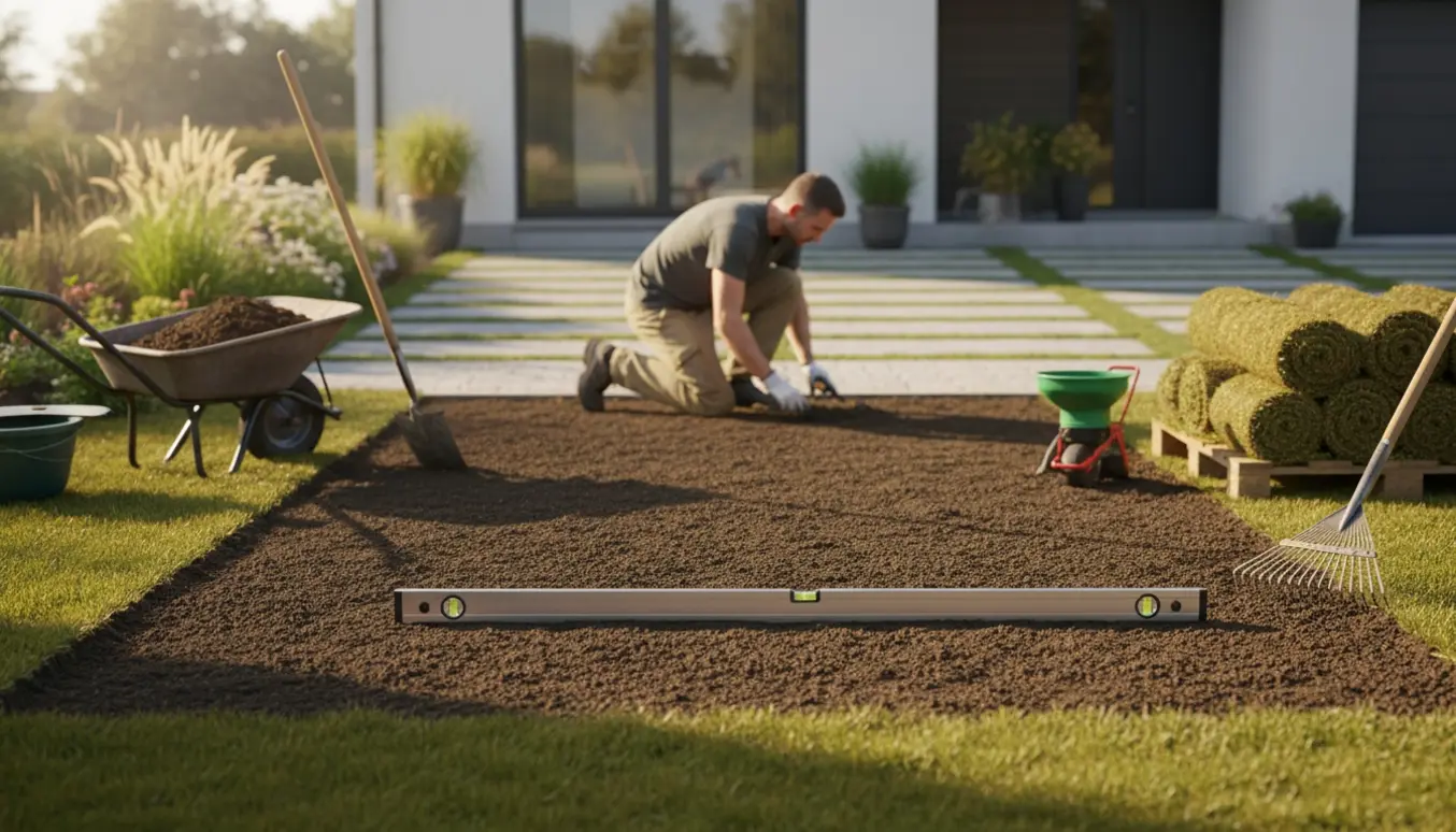 Forberedt lille græsareal ved en ny indkørsel med værktøj og rullegræs klar til udlægning.