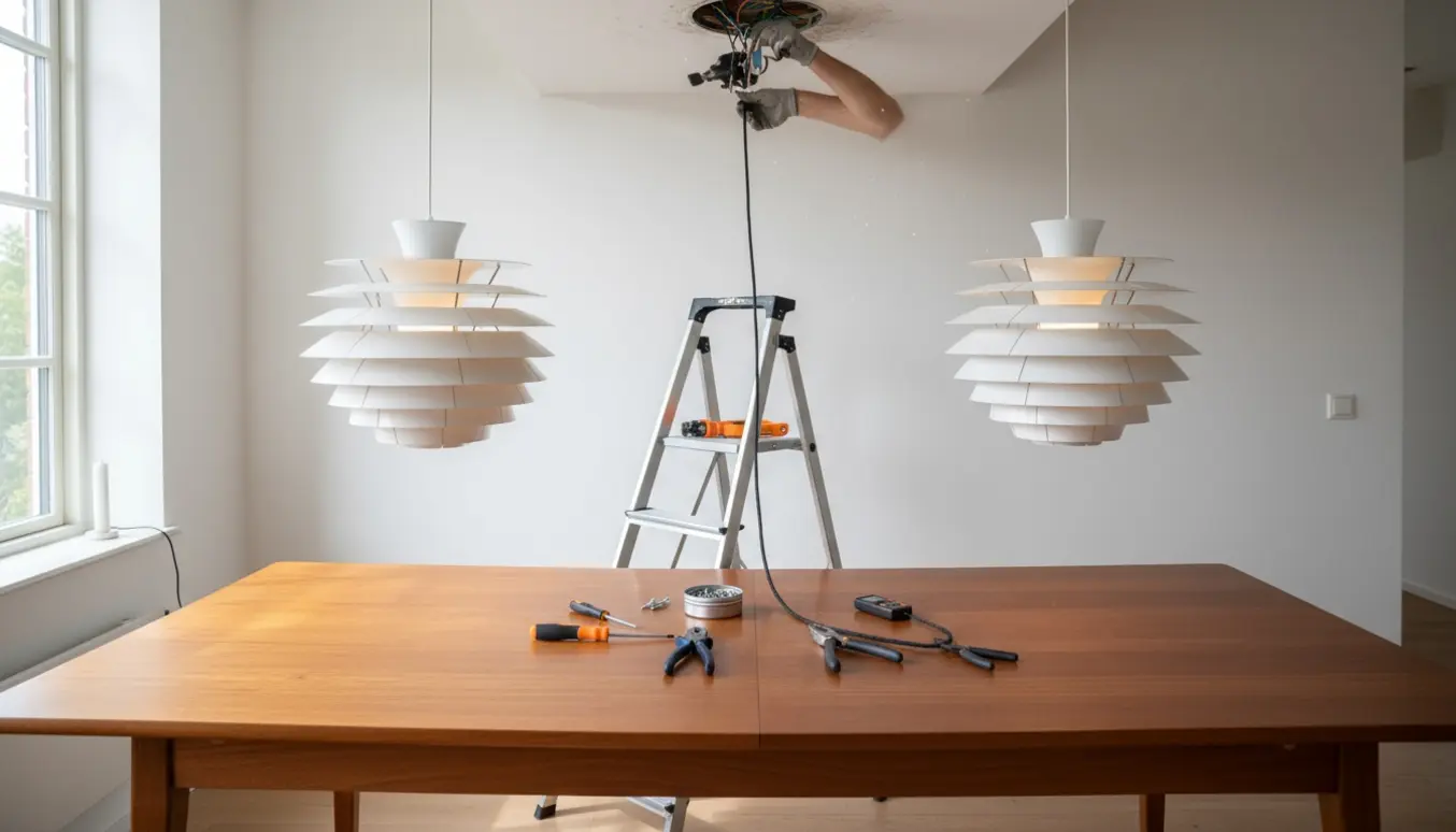 To PH-lamper hænges op over et træspisebord, mens handskerede hænder skifter den nye ledning ved et gipsloft.