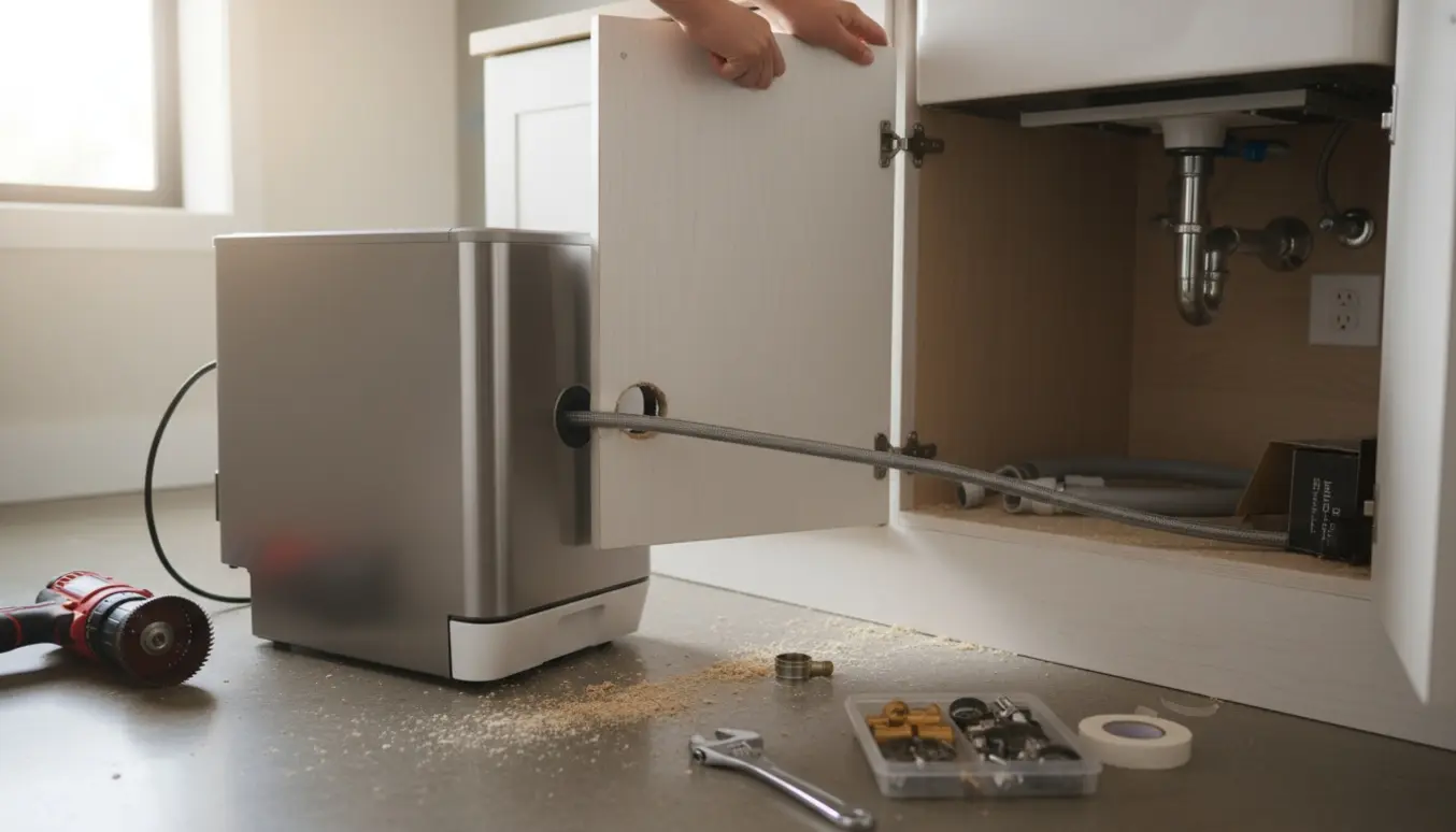 Bordopvaskemaskine på gulvet ved køkkenvask, hvor slanger føres gennem et nyligt borret hul i skabet.