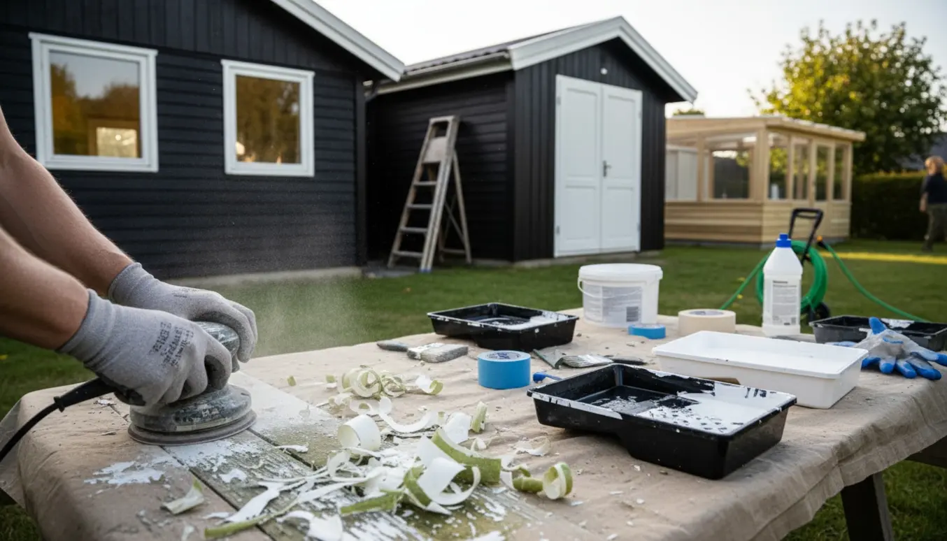 Kolonihavehus og anneks under forberedelse til maling med slibning, malerbøtter og hvidmalede døre.