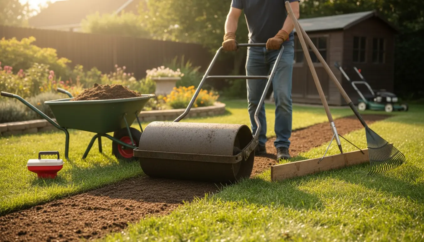 En person jævner en græsplæne med plænerulle og rive i blødt morgenlys.