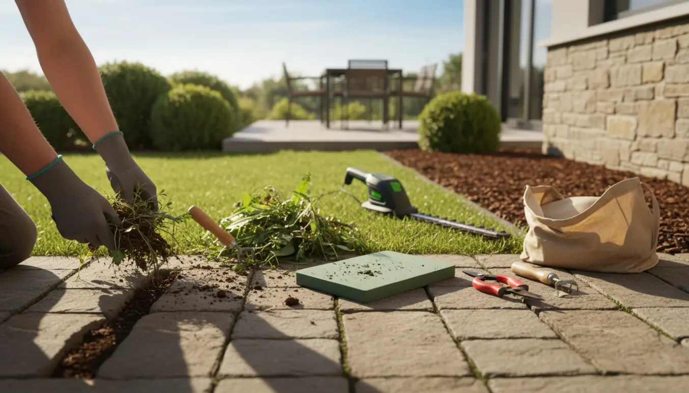 Nærbillede af handsker, der luger ukrudt mellem stenfliser ved en tilbygning med haveredskaber og en bunke ukrudt i baggrunden.