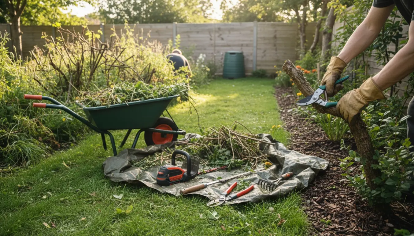 Handskerede hænder beskærer buske og fjerner ukrudt i en soloplyst have med trillebør og afklip.