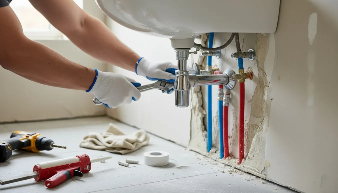 Hænder monterer en ny væghængt håndvask i et lille lejlighedsbadeværelse med synlige rør og tynd væg.