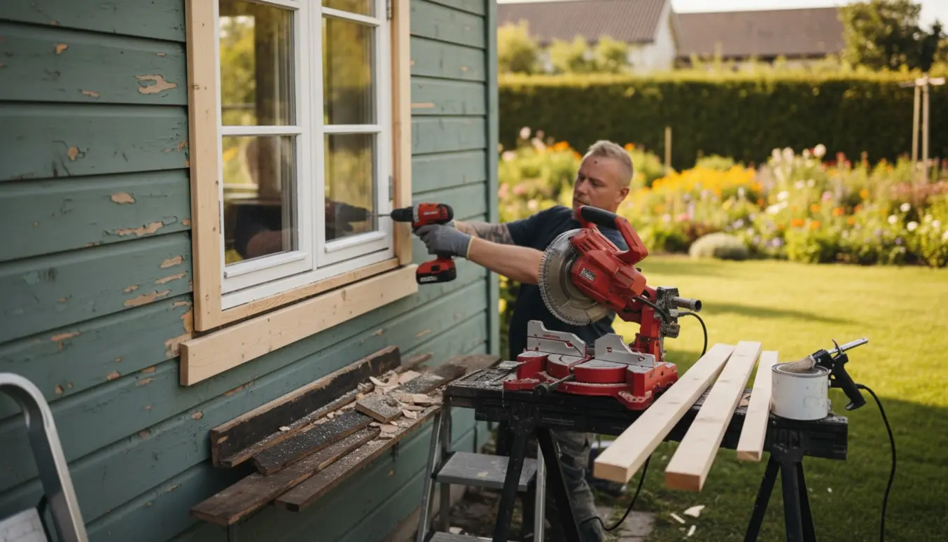 Udvendig udskiftning af trækant omkring et vindue på et kolonihavehus med værktøj og afskåret træ i forgrunden.