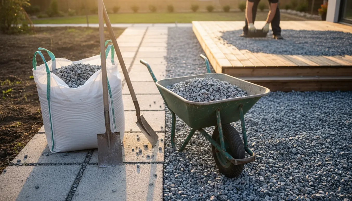 Åben bigbag med grå granitskærver, en halvt fyldt trillebør og skovle ved en terrasse, klar til udlæg og udjævning.