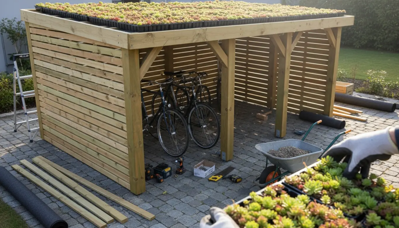 Delvist opført cykelskur i trykimprægneret træ med sedumtag på brostensbelagt terrasse og værktøj klar til montering.