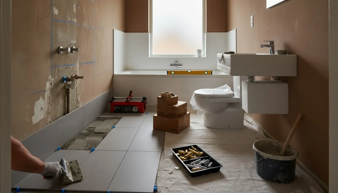 Halvfærdigt badeværelse under renovering med fjernede fliser, nye fliser og sanitetsudstyr klar til montering.